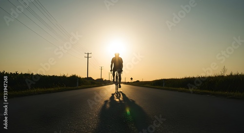 Silhouette of cyclist riding on road at sunset with bright sunlight