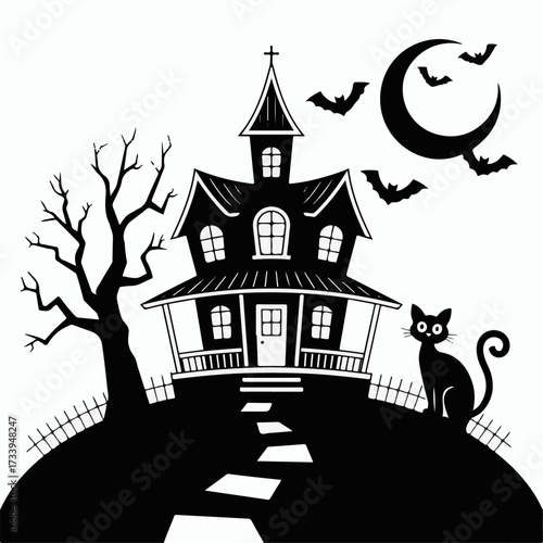 Eerie Halloween night scene featuring a ghostly manor on a lonely hill, a mysterious black cat, and bats flying under a crescent moon