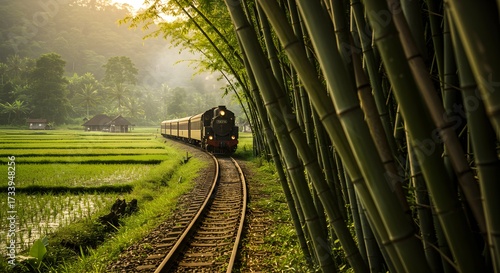 Train travels through lush landscape near bamboo forest during the day