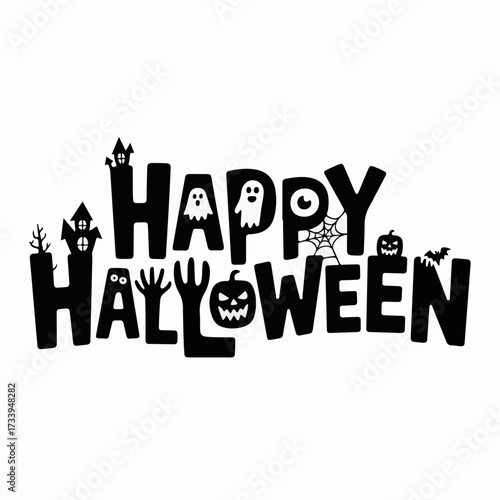Spooky and festive Halloween lettering design with haunted house, ghost, hand, and pumpkin elements, perfect for holiday decorations and invitations