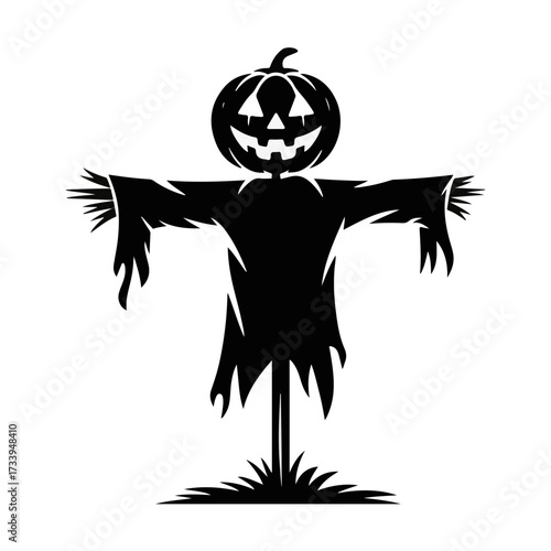 A traditional silhouette of a scarecrow featuring a grinning jack-o'-lantern head, perfect for Halloween, harvest festivals, and autumn-themed decor
