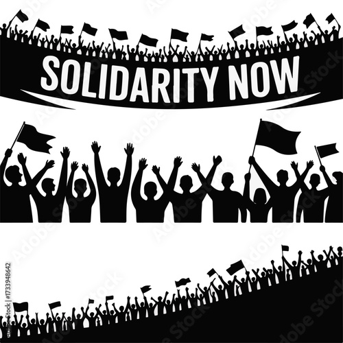 Solidarity Now Silhouette Crowd Demonstrating Unity and Support with Flags, a Powerful Symbol of Collective Action and Protest