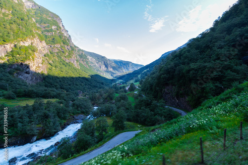 Fotografie Views seen from the famous railway Flamsbana, which is the steepest standard gauge railway line in the world and runs through spectacular scenery and stunning views of Western Norway