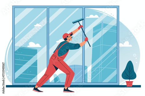 Depicting Man Cleaning Windows With Squeegee Bold Dynamic High-Quality Stock Image