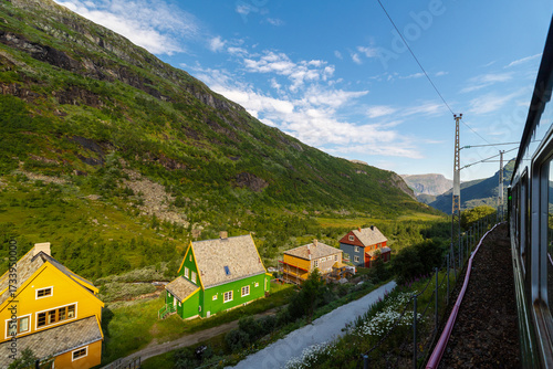 Fotografie Views seen from the famous railway Flamsbana, which is the steepest standard gauge railway line in the world and runs through spectacular scenery and stunning views of Western Norway