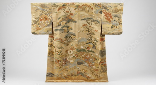 Exquisite vintage Japanese silk kimono displaying detailed floral and landscape embroidery a stunning piece of traditional textile art