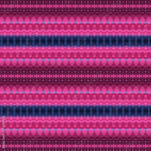 Intricate striped magenta and navy seamless abstract pattern, ornamental textile-inspired design with bold symmetry and vibrant color, ideal for fabric and wallpaper.
