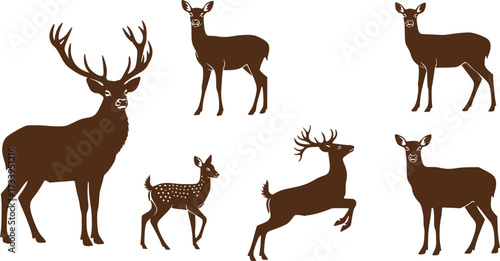 Deer silhouettes set vector illustration, black deer silhouette icon bundle