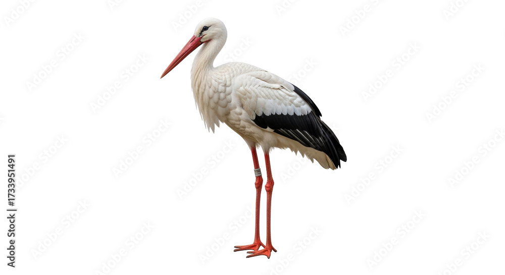 Fototapeta premium Isolated stork standing tall looking right, elegant bird with white and black plumage outdoors