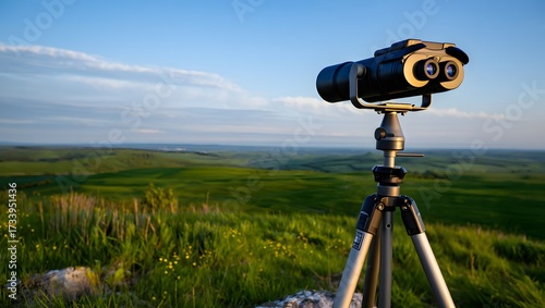 Binoculars on tripod overlooking scenic green landscape