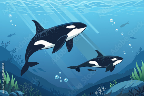 Crisp Orcas Swimming Deep Sea Bold Marine Professional Photo