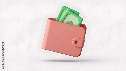 Pink wallet with green money bills isolated on white background