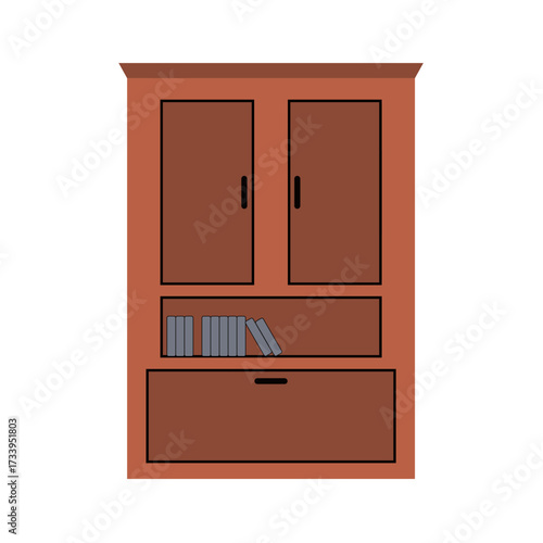 A closed brown wooden wardrobe cabinet with drawers and a handle is isolated on a white background for interior home furniture design