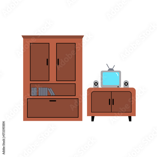 An old wooden chest of drawers and cabinet set in a brown interior design for home storage