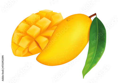 Fresh ripe yellow mango fruit with green leaf and delicious sliced cube pieces isolated on white background, tropical summer fruit illustration for healthy food, organic juice, dessert and design SVG
