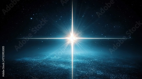Christmas star of Bethlehem, shining over night sky and landscape, wide view, copy space