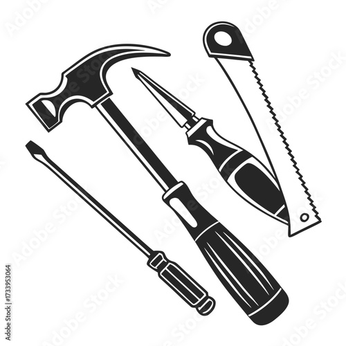 Black and white illustration of a hammer screwdriver awl and saw on a white background Keywords: tool, tools, hammer, screwdriver, awl, saw, hand tool, repair, construction, DIY, workshop