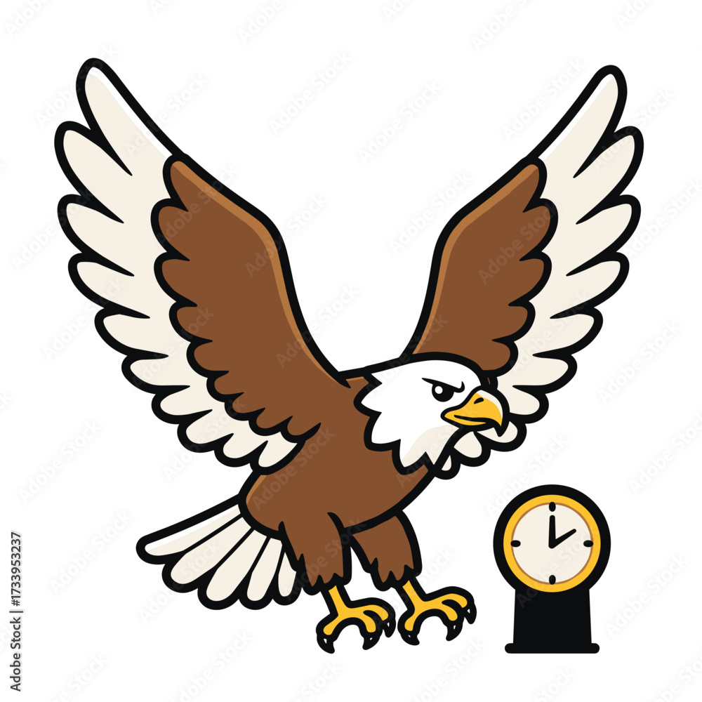 Fototapeta premium Cartoon eagle with wings spread and clock