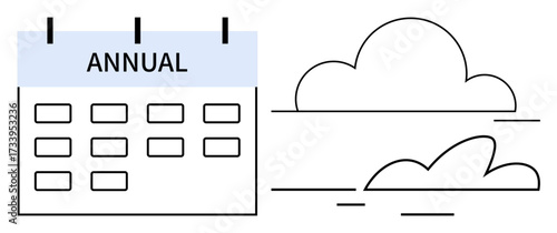 Calendar labeled Annual with grid layout beside minimalist cloud outlines, evoking annual planning and time tracking. Ideal for time management, seasons, annual goals, productivity, organization