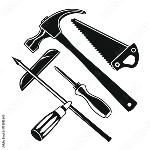 Black and white illustration of a hammer saw awl and screwdriver on a white background Keywords: tool, tools, hammer, saw, awl, screwdriver, hand tool, repair, construction, DIY, workshop