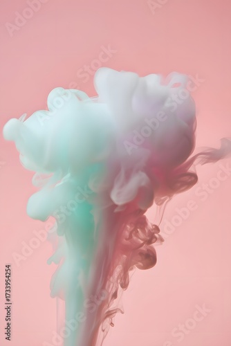 Abstract pastel colored smoke cloud swirling and rising against a soft pink background