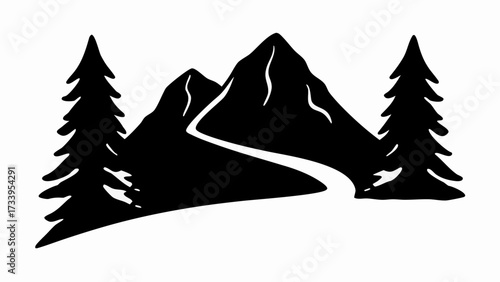 Majestic mountain peaks rise with a winding path through evergreen trees, evoking adventure and nature's grandeur.