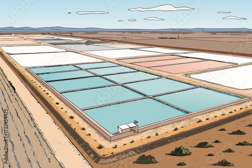 Depicting Salt Farm With Evaporation Ponds Bold Nat Vibrant High-Quality Stock Image