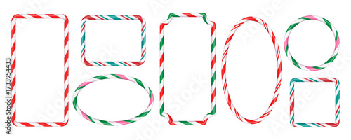 Christmas oval and round wavy candy cane frames with red, white, and green stripes. Christmas striped candy canes for text decoration. Christmas design elements. Isolated vector	