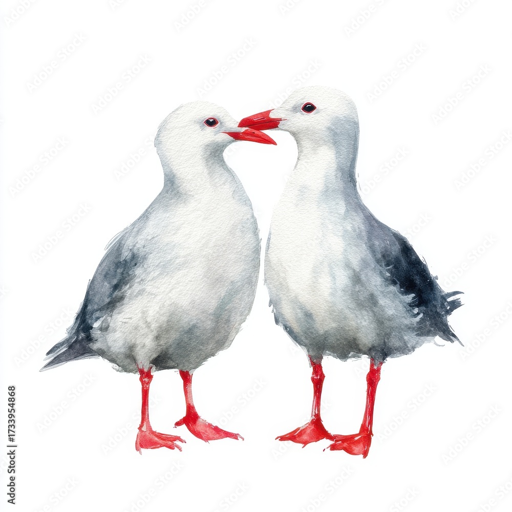 Fototapeta premium Watercolor painting of two seagulls with red beaks and feet facing each other