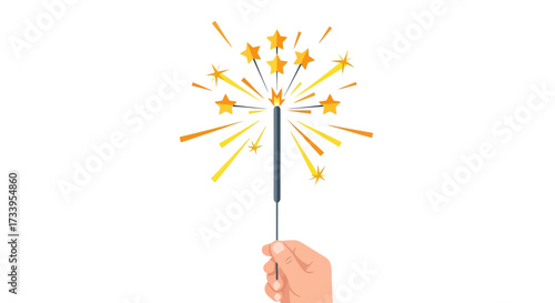 Hand holding a sparkler illustration with glowing stars against a white backdrop festive