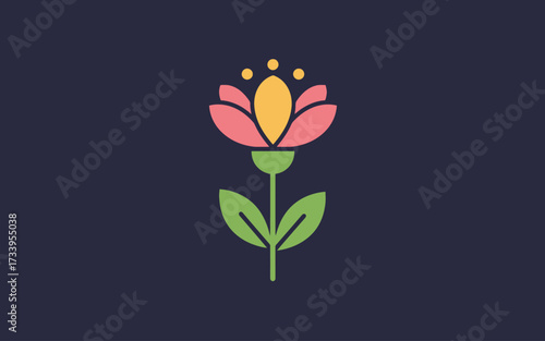 A stylized illustration of a single pink and yellow flower with green leaves on a dark blue background.