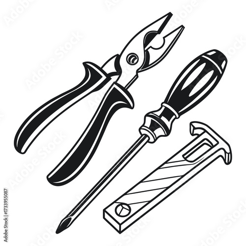 Black and white illustration of pliers screwdriver and awl on a white background Keywords: tool, tools, pliers, screwdriver, awl, hand tool, repair, construction, DIY, workshop, hardware