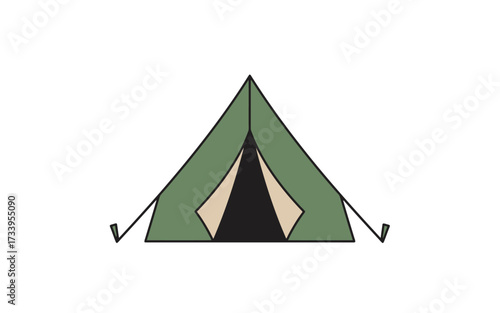 Simple illustration of a green A-frame camping tent with an open entrance, suitable for outdoor adventures.
