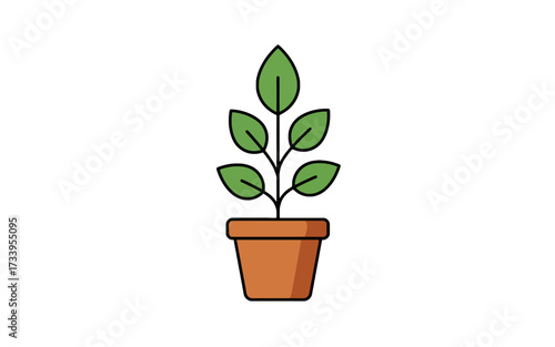 A simple cartoon illustration of a green leafy plant growing in a brown terracotta pot on a white background.