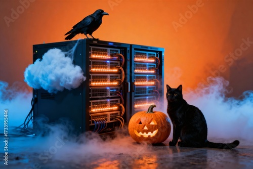 Spooky Halloween Server Rack Cloud Computing Data Center with Black Cat and Crow