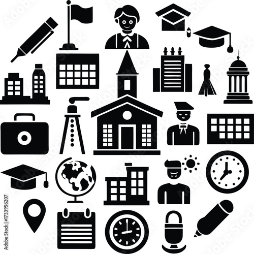 Education and learning icons set celebrating academic achievement knowledge and school buildings featuring graduation caps books and students