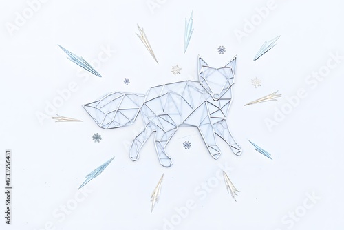 Geometric fox made of wire and beads, isolated on white background, with sparkling elements radiating outwards