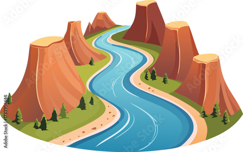 A river flowing through a canyon or valley. A simple, modern vector illustration for concepts of travel, nature, and landscapes. Generative AI