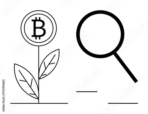 Bitcoin symbol growing as a plant, leaves symbolize financial growth, innovation. Large magnifying glass suggests analysis, strategy. Ideal for cryptocurrency, finance, investment, innovation