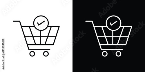 Shopping cart check icon outline pictogram isolated on white. Vector Icon shape.