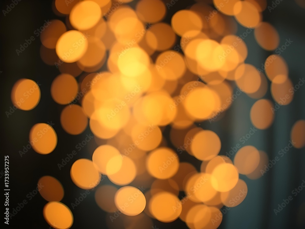 Obraz premium Warm golden bokeh lights softly floating on a dark blurred background, creating an elegant festive glow perfect for holiday branding, seasonal designs, elegant invitations, or luxurious