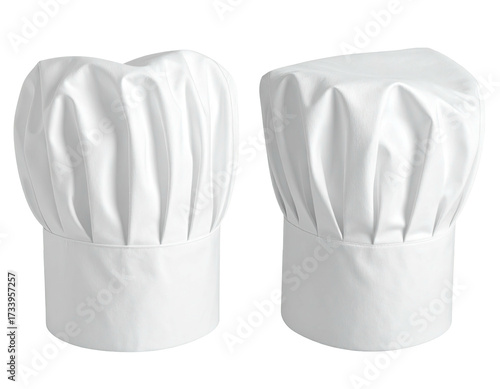 Two crisp, white, folded chef's hats, side-by-side, against a transparent backdrop