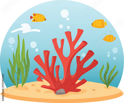 An underwater scene with coral, seaweed, and small fish. A cute cartoon vector illustration of a coral reef for nature and ocean themes. Generative AI