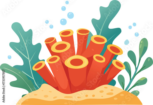 A simple, modern illustration of a red coral formation with seaweed. An isolated vector icon for sea life and ocean concepts. Generative AI