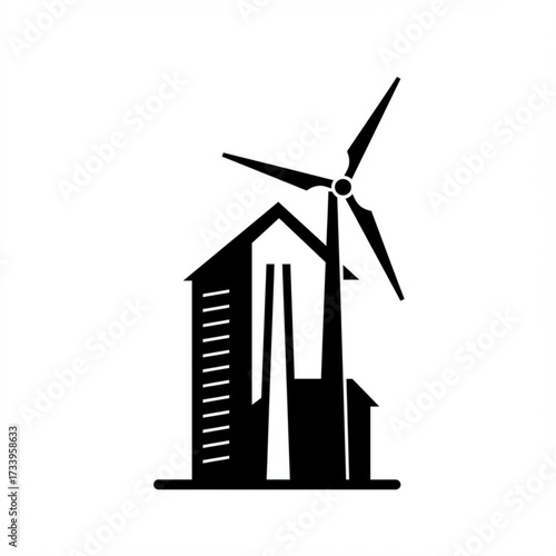 Green Building with Wind Turbine – Sustainable Architecture and Renewable Energy Vector Icon
