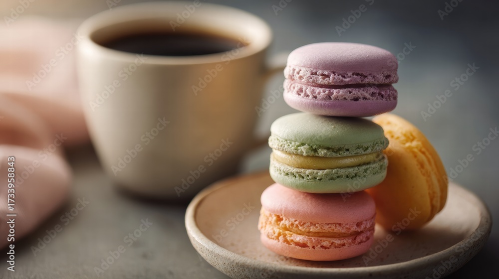 Obraz premium coffee and stack of colorful macarons on a pale ceramic plate