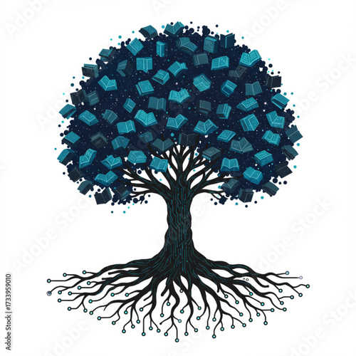 Vector Illustration of Knowledge Tree with Books and Digital Roots – Education and Technology Concept