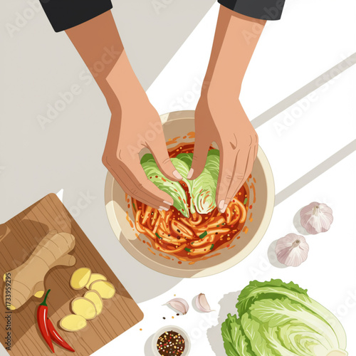 Vector Illustration of Hands Making Kimchi with Fresh Cabbage, Chili, Garlic, and Ginger – Traditional Korean Food Preparation