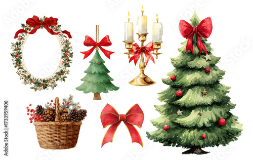 Set of Christmas vintage cliparts. Christmas tree, Christmas tree decorations, candlestick with candles, wreath with bow, basket with cones, etc. Retro Christmas decor.