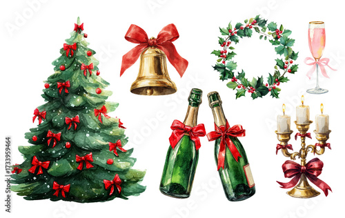 Set with vintage watercolor elements. Christmas tree with red bows, champagne bottles, candlestick with candles, Christmas wreath and other elements. Watercolor cliparts for Christmas designs.